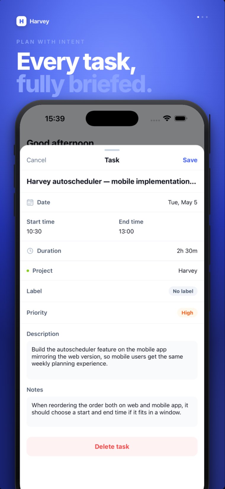 Harvey on iOS — every task, fully briefed