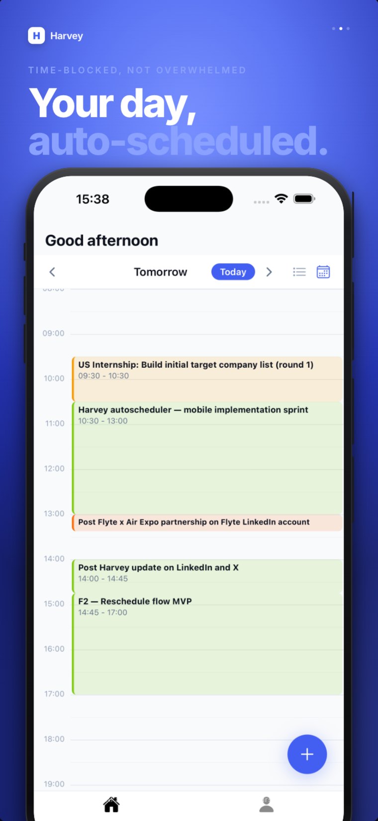 Harvey on iOS — the day, auto-scheduled