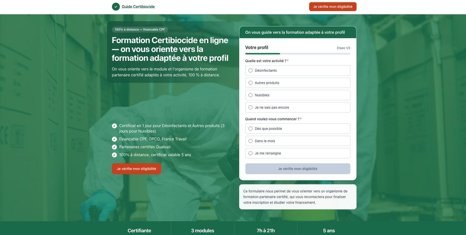 One of the landing pages — a three-step qualification form for professional certification training